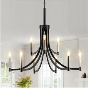 Modern Black and Gold Chandelier for Dining Room Metal 9-Light E-12 Bulbs 35"